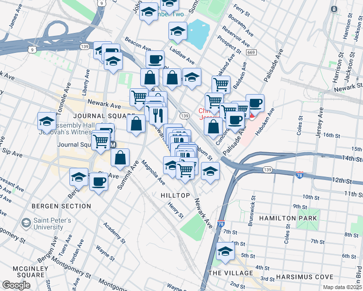 map of restaurants, bars, coffee shops, grocery stores, and more near 84 Court House Place in Jersey City