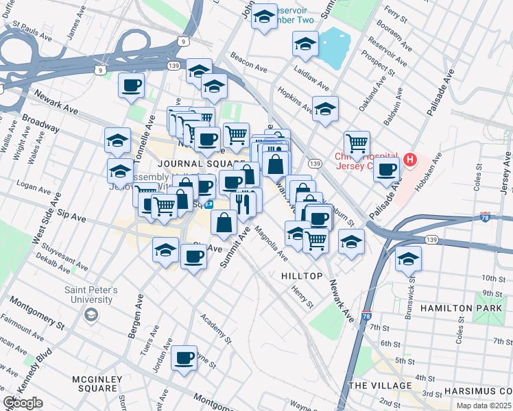 map of restaurants, bars, coffee shops, grocery stores, and more near 600 Pavonia Avenue in Jersey City