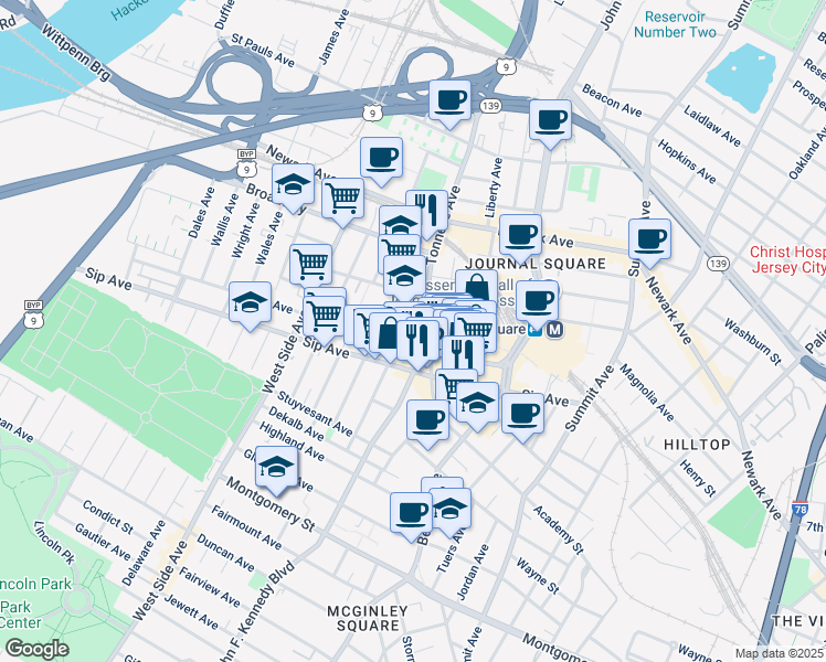 map of restaurants, bars, coffee shops, grocery stores, and more near 111 Garrison Avenue in Jersey City
