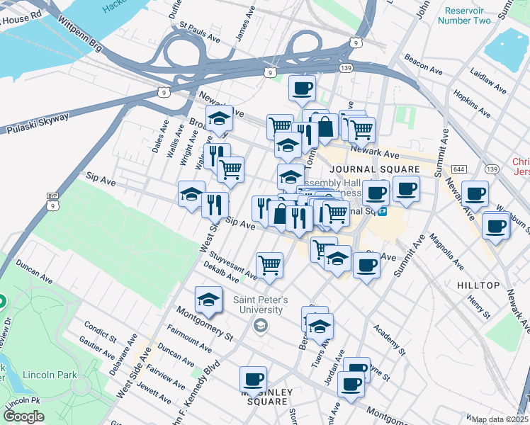 map of restaurants, bars, coffee shops, grocery stores, and more near in Jersey City