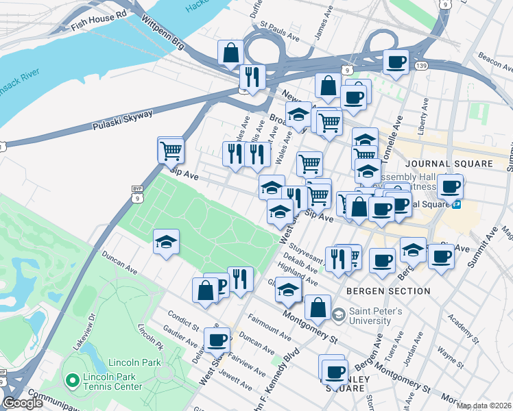 map of restaurants, bars, coffee shops, grocery stores, and more near 305 Sip Avenue in Jersey City