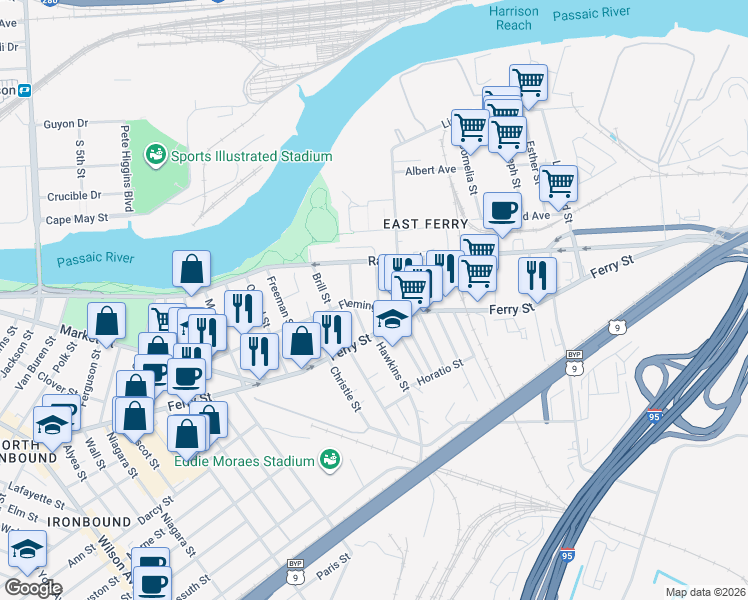 map of restaurants, bars, coffee shops, grocery stores, and more near 144 Fleming Avenue in Newark