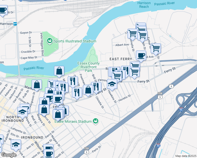 map of restaurants, bars, coffee shops, grocery stores, and more near 121 Fleming Avenue in Newark