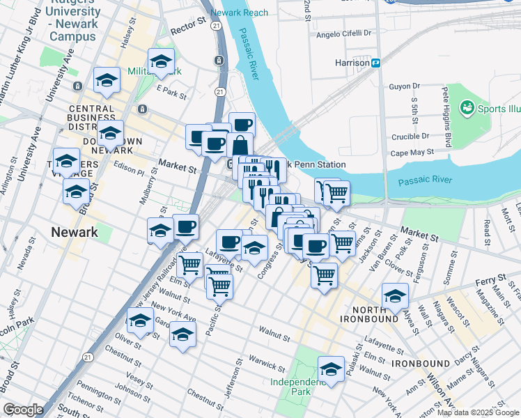 map of restaurants, bars, coffee shops, grocery stores, and more near in Newark