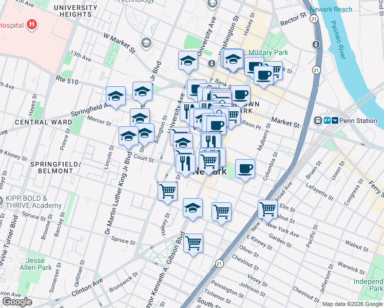 map of restaurants, bars, coffee shops, grocery stores, and more near 41 Hill Street in Newark