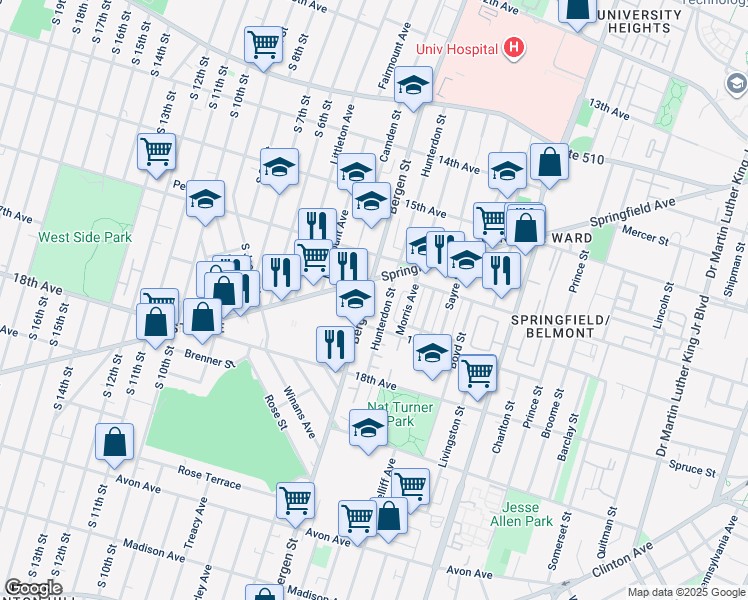 map of restaurants, bars, coffee shops, grocery stores, and more near 361-383 Springfield Avenue in Newark