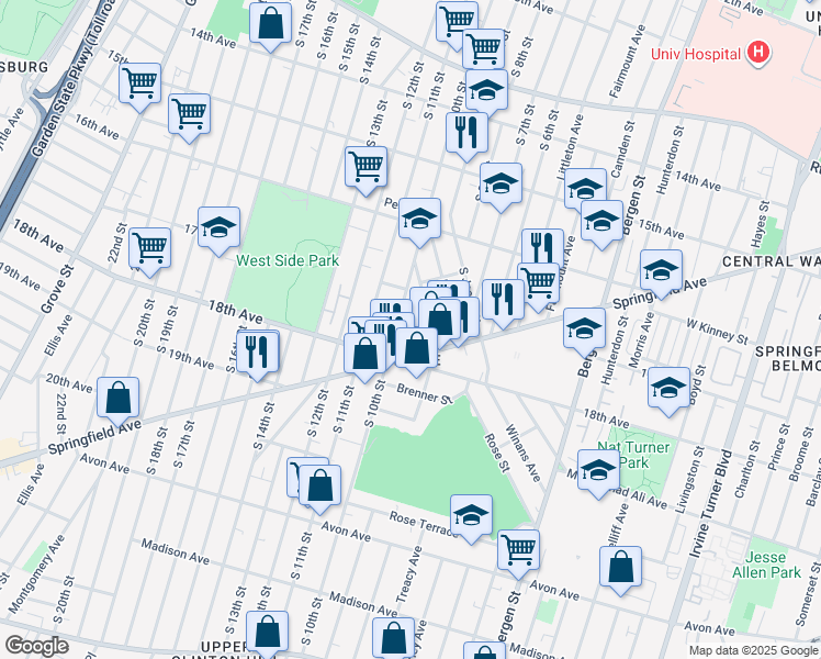 map of restaurants, bars, coffee shops, grocery stores, and more near 577 South 10th Street in Newark