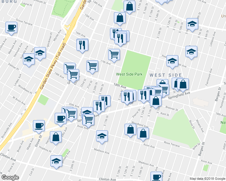 map of restaurants, bars, coffee shops, grocery stores, and more near 685 South 17th Street in Newark