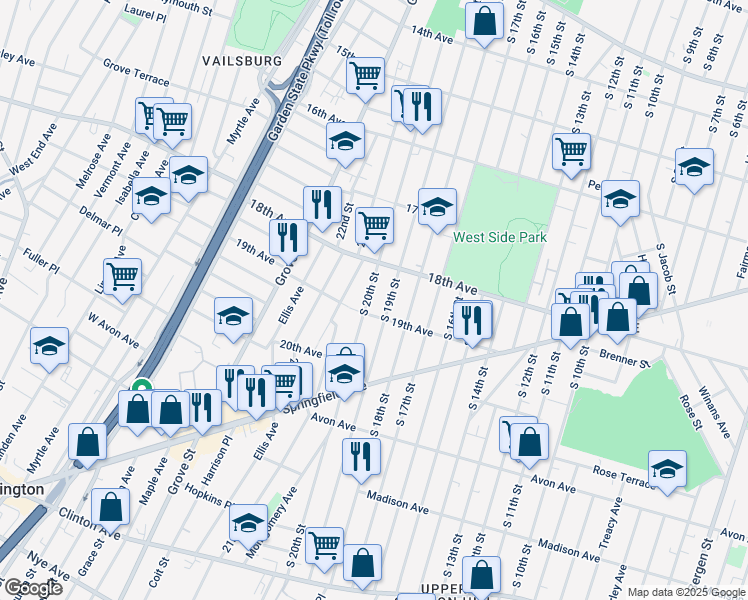 map of restaurants, bars, coffee shops, grocery stores, and more near 699 South 19th Street in Newark