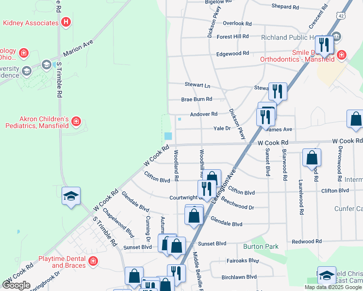 map of restaurants, bars, coffee shops, grocery stores, and more near 653 West Cook Road in Mansfield