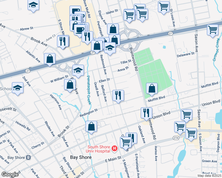 map of restaurants, bars, coffee shops, grocery stores, and more near 104 Penataquit Avenue in Bay Shore
