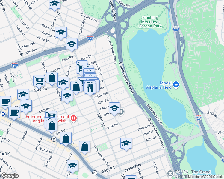 map of restaurants, bars, coffee shops, grocery stores, and more near 64-45 110th Street in Queens