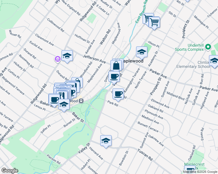 map of restaurants, bars, coffee shops, grocery stores, and more near 535 Valley Street in Maplewood