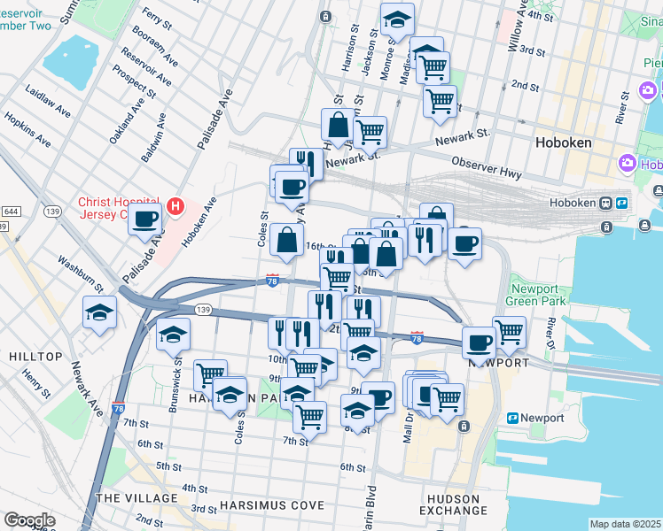 map of restaurants, bars, coffee shops, grocery stores, and more near 264 Erie Street in Jersey City