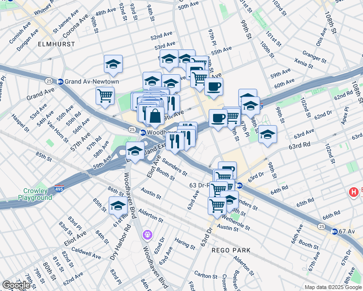 map of restaurants, bars, coffee shops, grocery stores, and more near 9229 Queens Boulevard in Queens