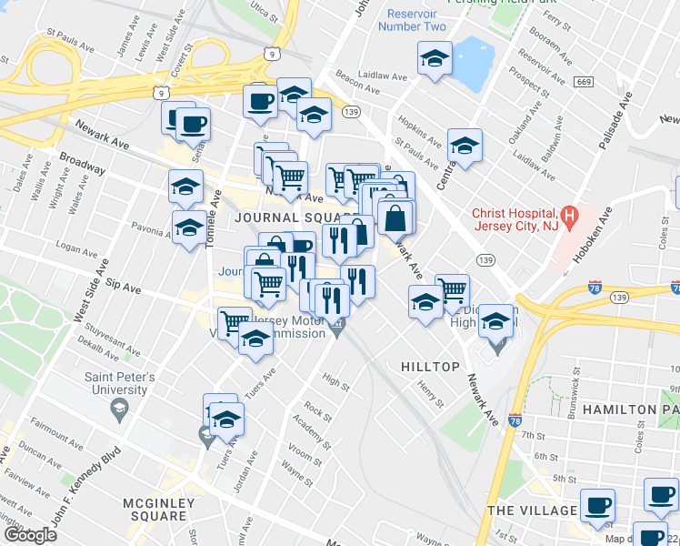 map of restaurants, bars, coffee shops, grocery stores, and more near Pavonia Avenue in Jersey City