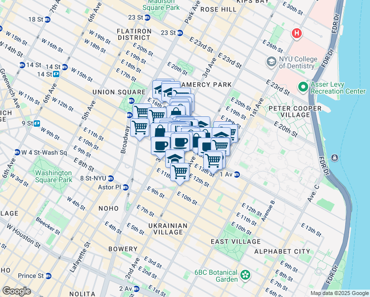 map of restaurants, bars, coffee shops, grocery stores, and more near 230 East 14th Street in New York