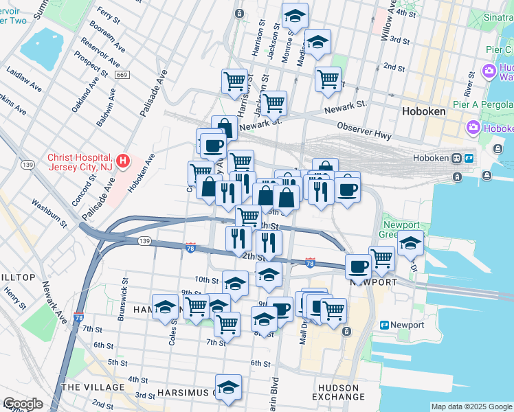 map of restaurants, bars, coffee shops, grocery stores, and more near 209 16th Street in Jersey City
