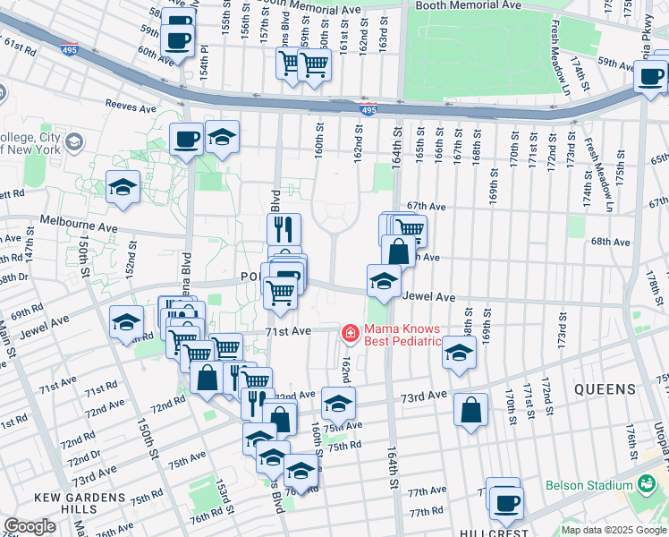 map of restaurants, bars, coffee shops, grocery stores, and more near 67-47 161 Street in Queens