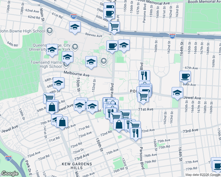 map of restaurants, bars, coffee shops, grocery stores, and more near 69-42 Kissena Boulevard in Queens