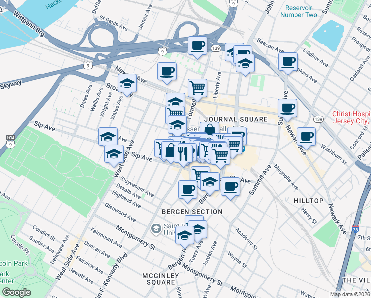 map of restaurants, bars, coffee shops, grocery stores, and more near 52 Tonnele Avenue in Jersey City