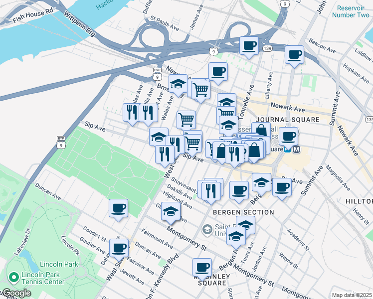map of restaurants, bars, coffee shops, grocery stores, and more near 241 Sip Avenue in Jersey City
