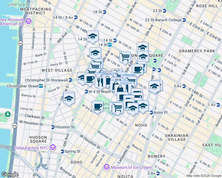 map of restaurants, bars, coffee shops, grocery stores, and more near 5 West 8th Street in New York