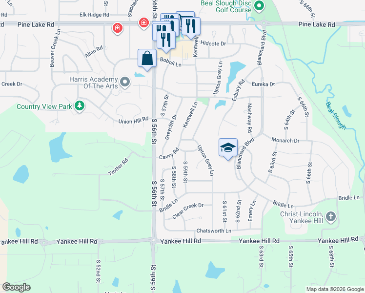 map of restaurants, bars, coffee shops, grocery stores, and more near 5830 Cavvy Road in Lincoln