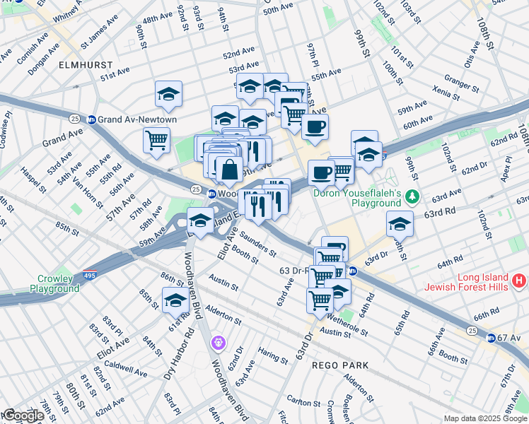 map of restaurants, bars, coffee shops, grocery stores, and more near 9229 Queens Boulevard in Queens