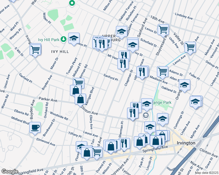 map of restaurants, bars, coffee shops, grocery stores, and more near 30 Marsac Place in Newark