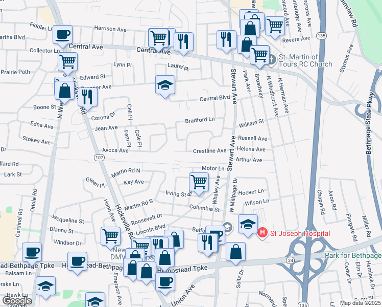 map of restaurants, bars, coffee shops, grocery stores, and more near 33 Crestline Avenue in Bethpage
