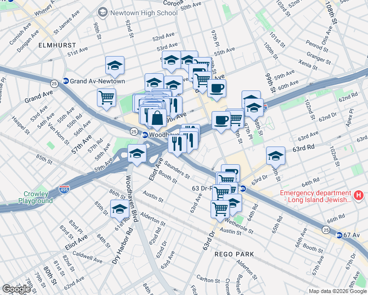 map of restaurants, bars, coffee shops, grocery stores, and more near 92-29 Queens Boulevard in Queens