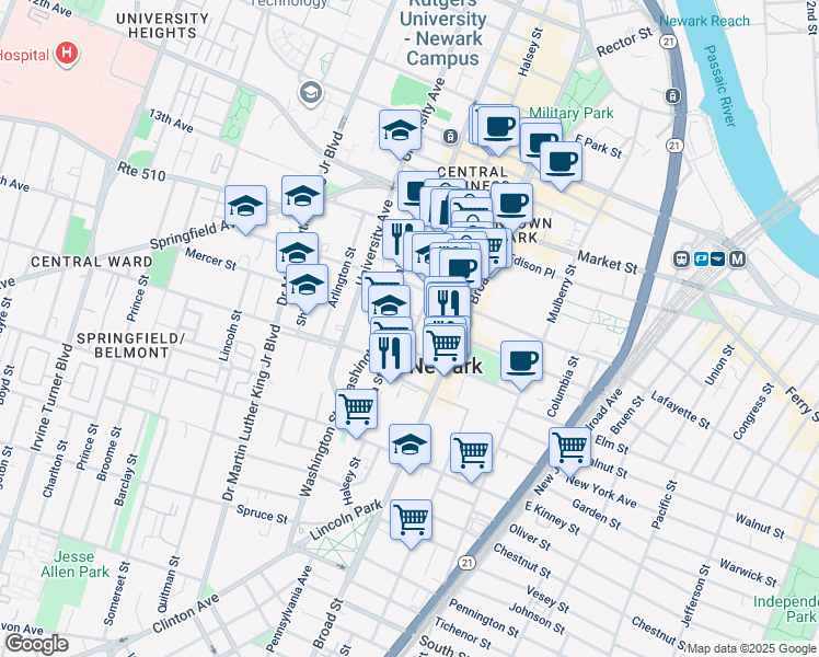 map of restaurants, bars, coffee shops, grocery stores, and more near 41 Hill Street in Newark