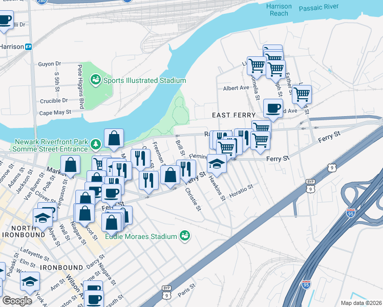 map of restaurants, bars, coffee shops, grocery stores, and more near 121 Fleming Avenue in Newark