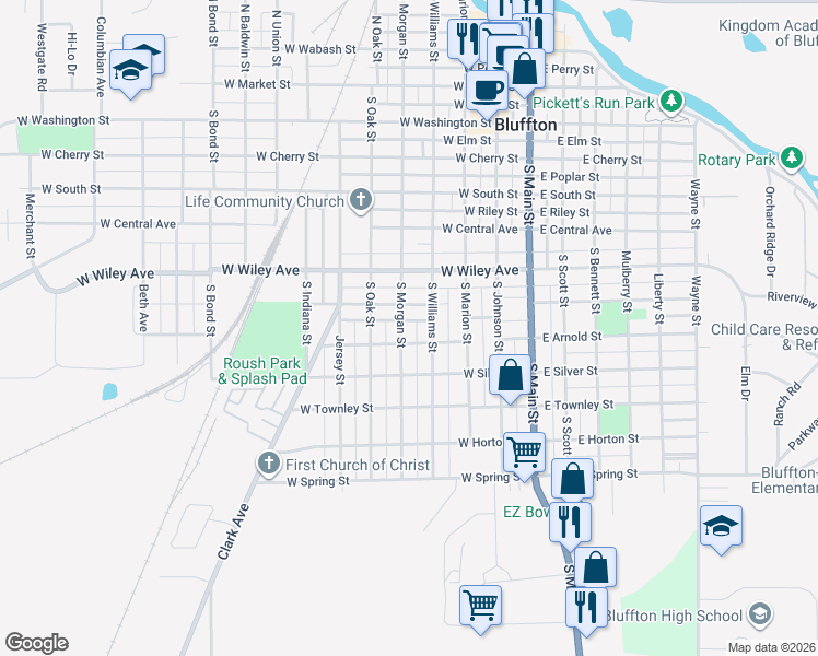 map of restaurants, bars, coffee shops, grocery stores, and more near 725 South Morgan Street in Bluffton