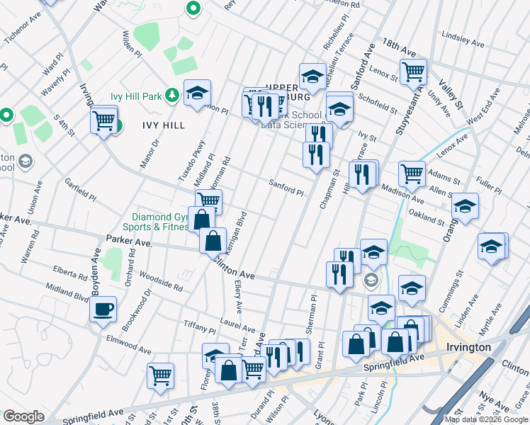 map of restaurants, bars, coffee shops, grocery stores, and more near 17 Putnam Street in Newark