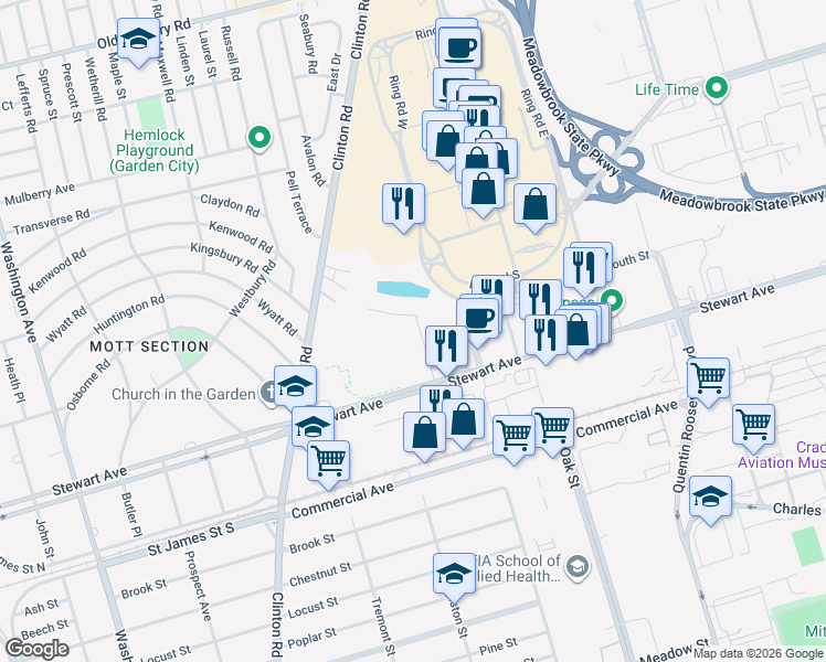 map of restaurants, bars, coffee shops, grocery stores, and more near 4 Raymond Court in Garden City