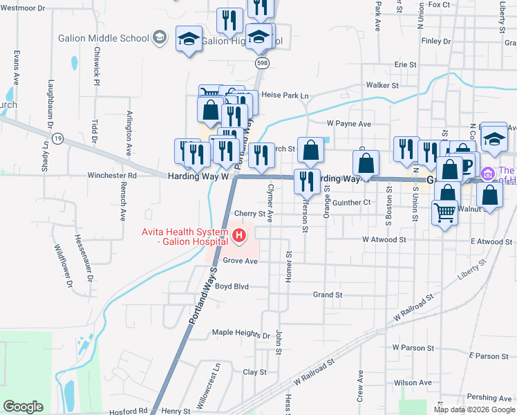 map of restaurants, bars, coffee shops, grocery stores, and more near 726 Cherry Street in Galion