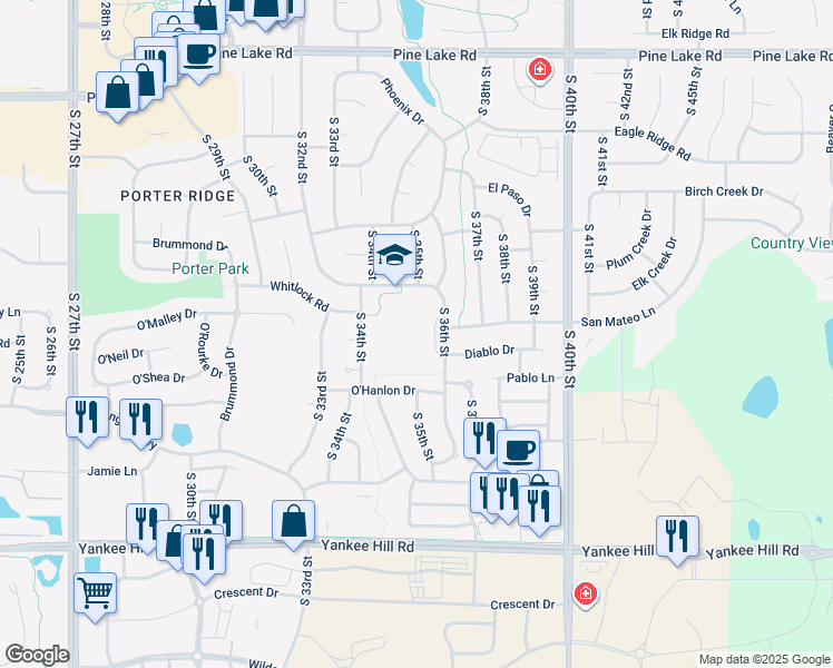 map of restaurants, bars, coffee shops, grocery stores, and more near 7701 South 36th Street in Lincoln