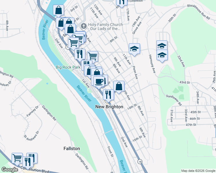 map of restaurants, bars, coffee shops, grocery stores, and more near 1100 5th Avenue in New Brighton