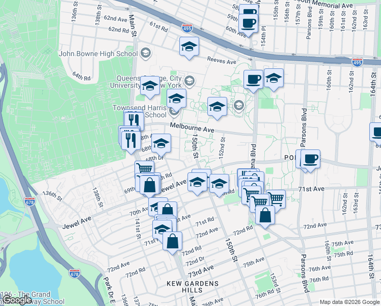 map of restaurants, bars, coffee shops, grocery stores, and more near 68-7 150th Street in Queens
