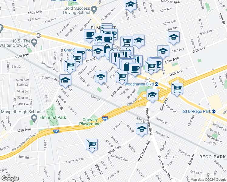 map of restaurants, bars, coffee shops, grocery stores, and more near 86-01 57th Avenue in Queens