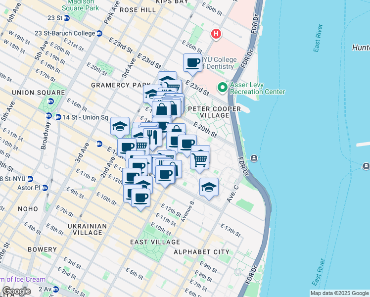 map of restaurants, bars, coffee shops, grocery stores, and more near 17A Stuyvesant Oval in New York