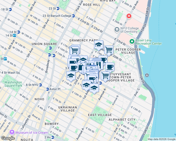 map of restaurants, bars, coffee shops, grocery stores, and more near 318 East 15th Street in New York