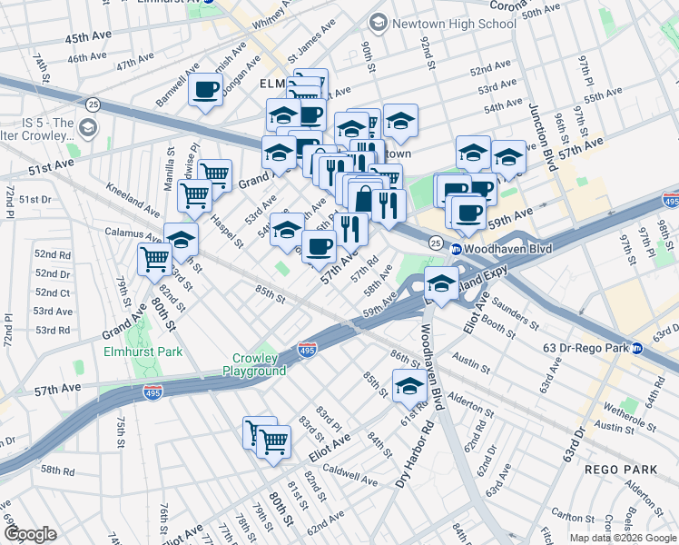 map of restaurants, bars, coffee shops, grocery stores, and more near in Queens