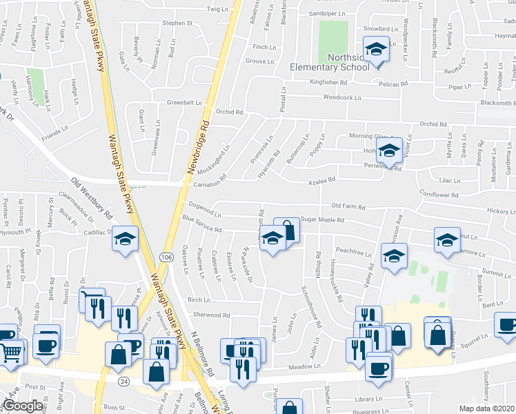 map of restaurants, bars, coffee shops, grocery stores, and more near 146 Wolcott Road in Levittown