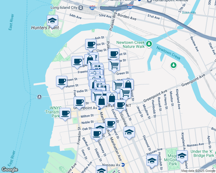 map of restaurants, bars, coffee shops, grocery stores, and more near 171 India Street in Brooklyn