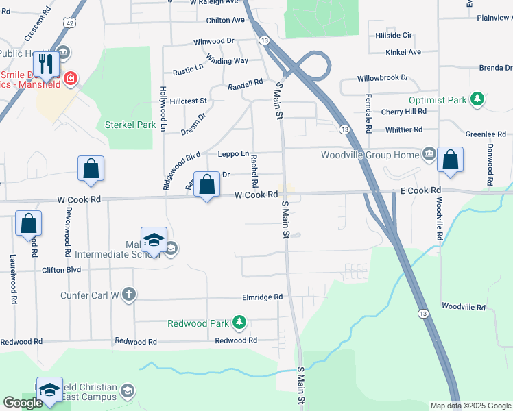 map of restaurants, bars, coffee shops, grocery stores, and more near 43 East Cook Road in Mansfield