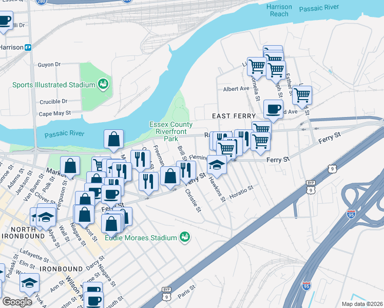 map of restaurants, bars, coffee shops, grocery stores, and more near 120 Fleming Avenue in Newark