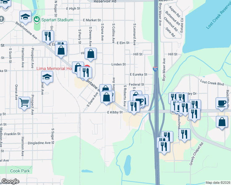 map of restaurants, bars, coffee shops, grocery stores, and more near 541 South Collins Avenue in Lima